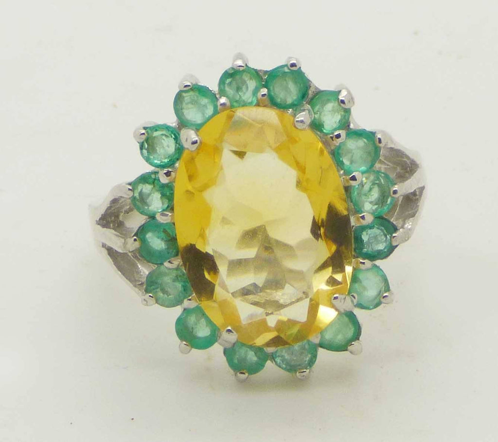 Rich Yellow Citrine and Natural Emerald Solitaire Ring, 14k white gold over sterling silver, Size 7.