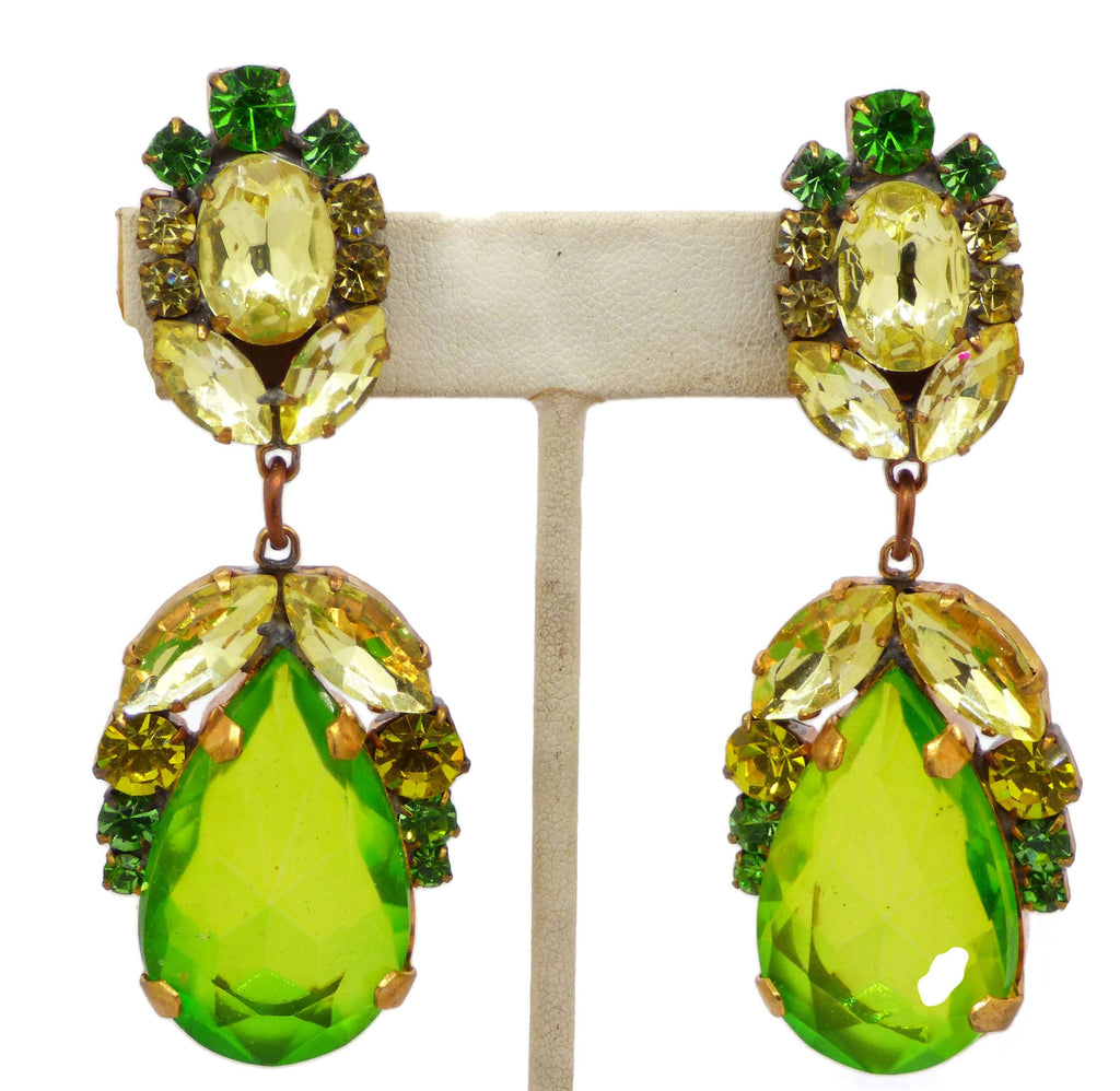 Czech Glass Green Dangle Clip Earrings, Rhinestone