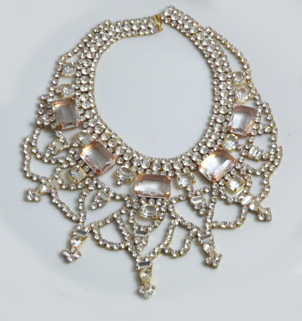 Husar D. Czech Glass Peach Clear Rhinestone Statement Necklace