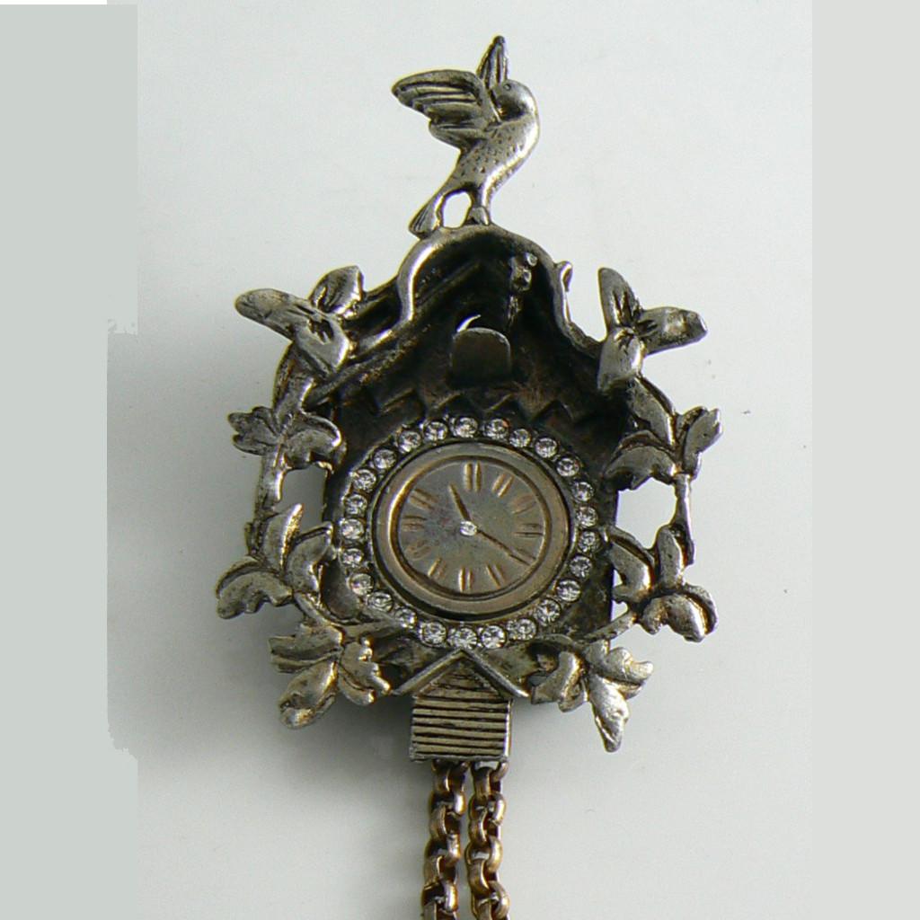 Large Figural Vintage Rhinestone Cuckoo Clock Brooch