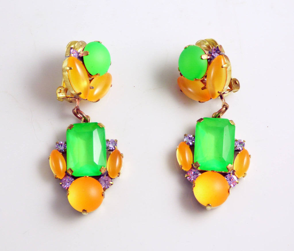 Czech Neon Green and Orange Clip Earrings
