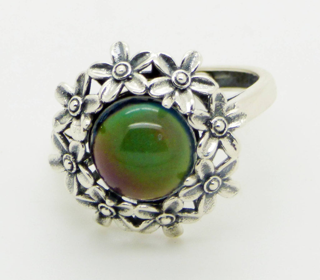 Sterling Silver Flowers 10mm Mood Stone Ring, adjustable