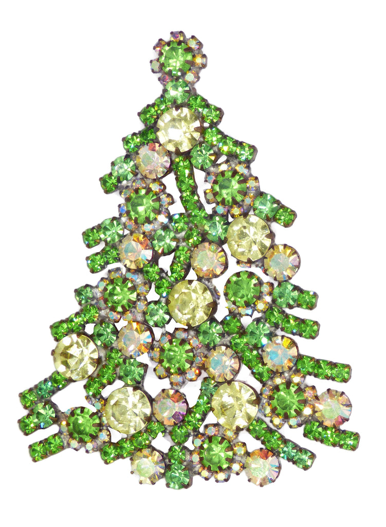 Czech Glass Christmas Tree Brooch Green with White Bulbs