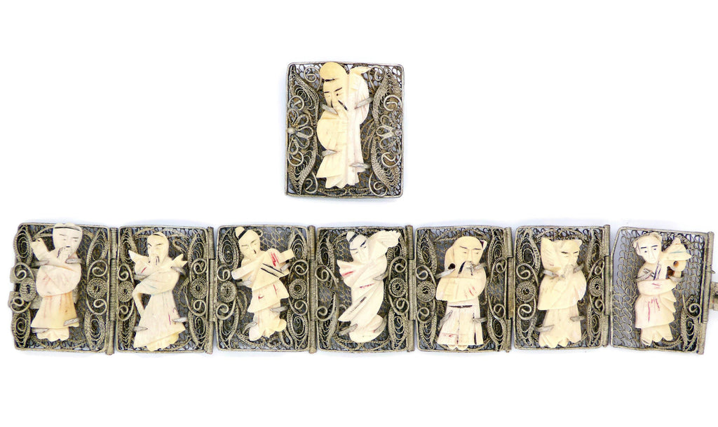 Antique Chinese Export Carved Bovine Bone Silver Filigree Bracelet and Pin - Vintage Lane Jewelry