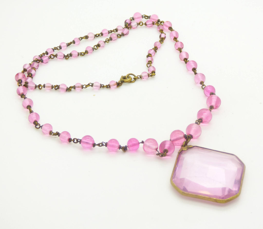 Czech Graduated Bead Necklace Pink Faceted Glass Pendant