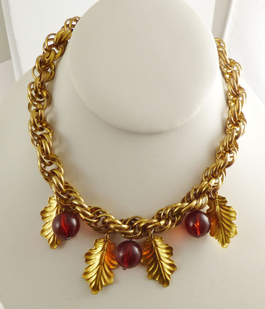 Vintage 1940's Translucent Cherry Red Bakelite Bead Leaf Dangle Necklace - Vintage Lane Jewelry