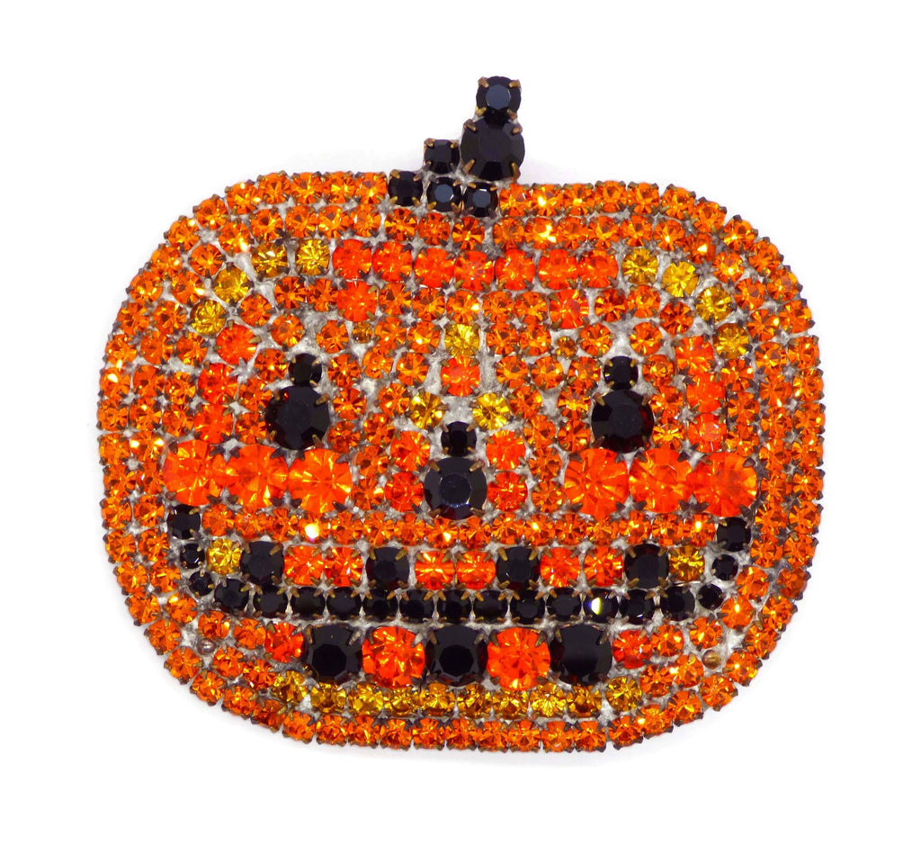 Halloween Jack O'Lantern Pumpkin Czech Glass Rhinestone Brooch