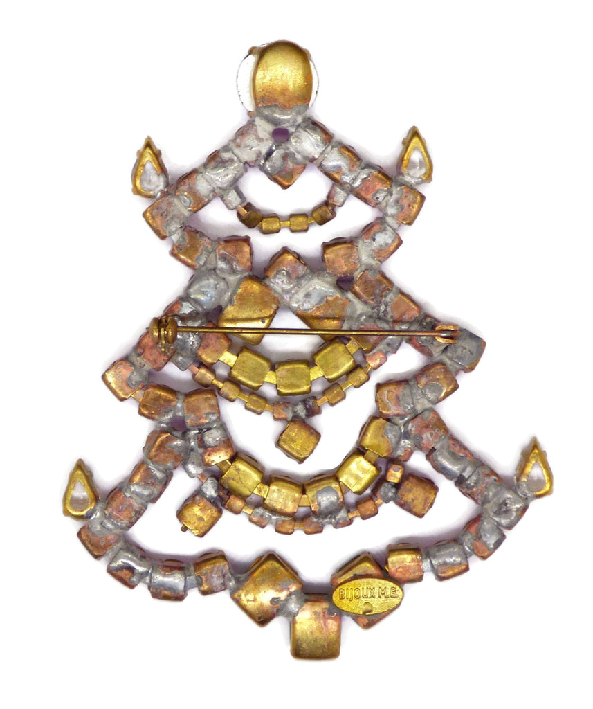 Czech Glass Pink Christmas Tree Pin, Rhinestone Brooch, - Vintage Lane Jewelry