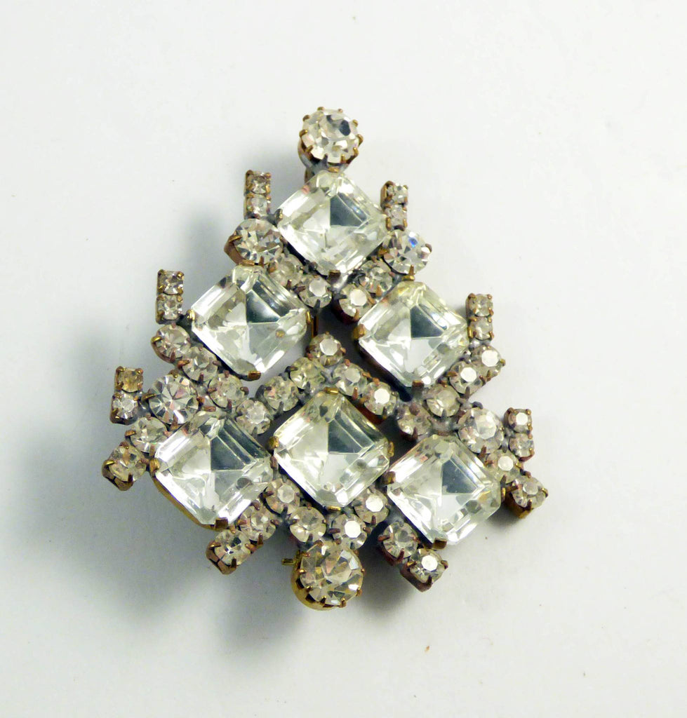 Czech Clear Rhinestone Christmas Tree Brooch, Vintage Rhinestones Xmas Tree Pin
