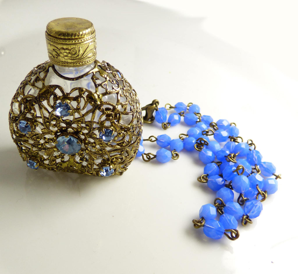 Vintage Czech Glass Gold Filigree Perfume Bottle Necklace
