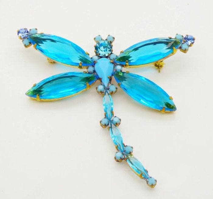 Czech Aqua Blue Rhinestone Dragonfly Pin