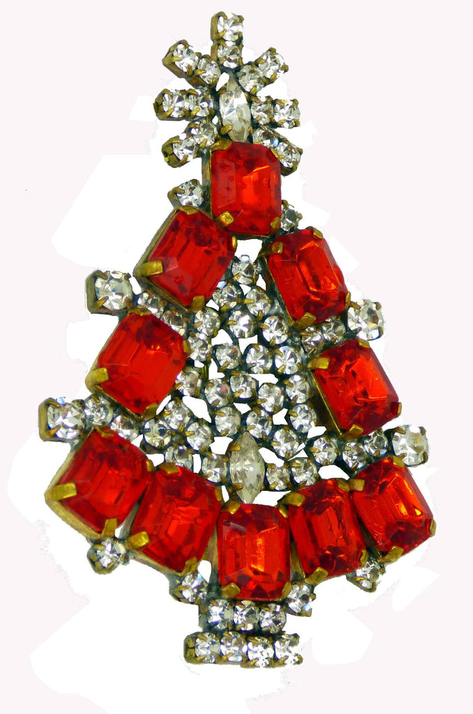Czech Glass Red Rhinestone Husar D. Signed Christmas Tree Pin, X-mas pin, Holiday Brooch