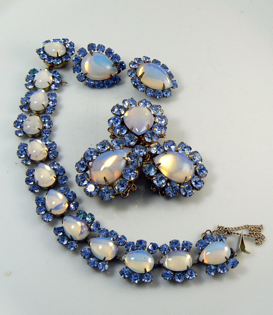 Miriam Haskell Moon Glow Blue Rhinestone Parure, bracelet, brooch and clip earrings