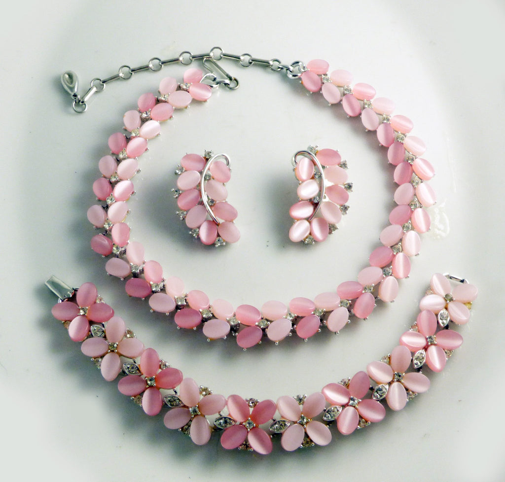 Vintage Lisner Thermoset Pink Rhodium Rhinestone Necklace Bracelet Parure