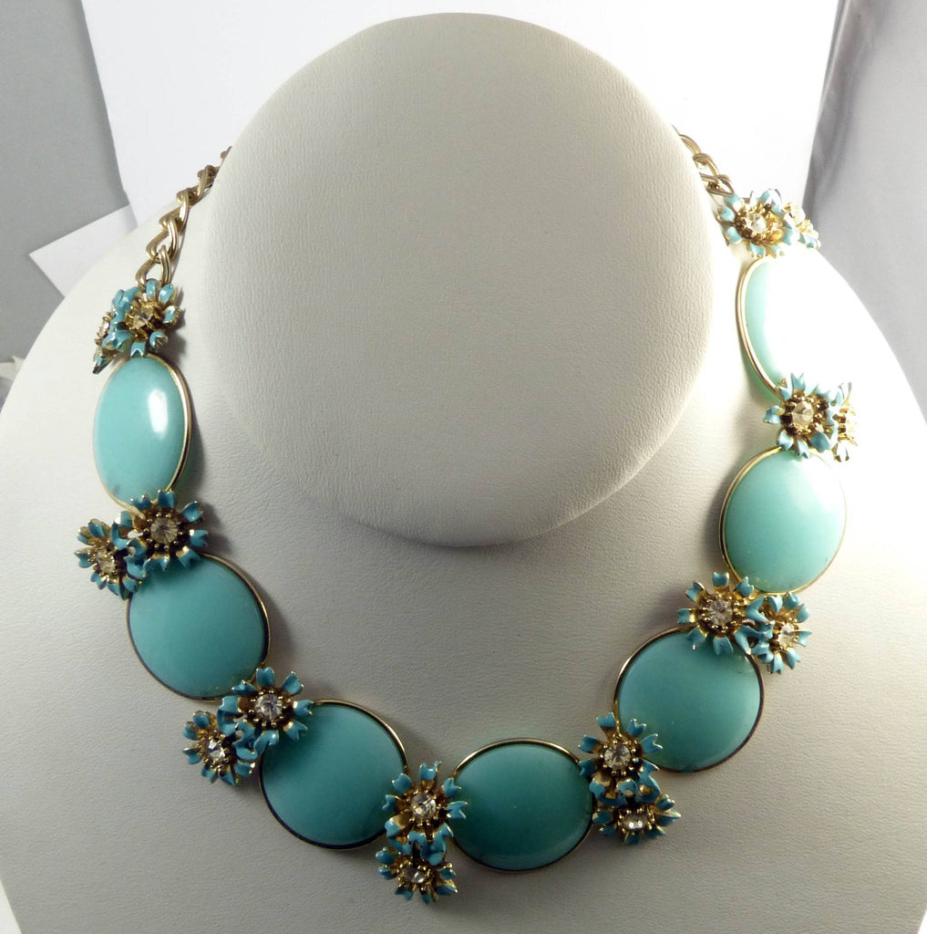 Blue Bead Enamel and Rhinestone Flowers Necklace Bracelet Earring Set - Vintage Lane Jewelry