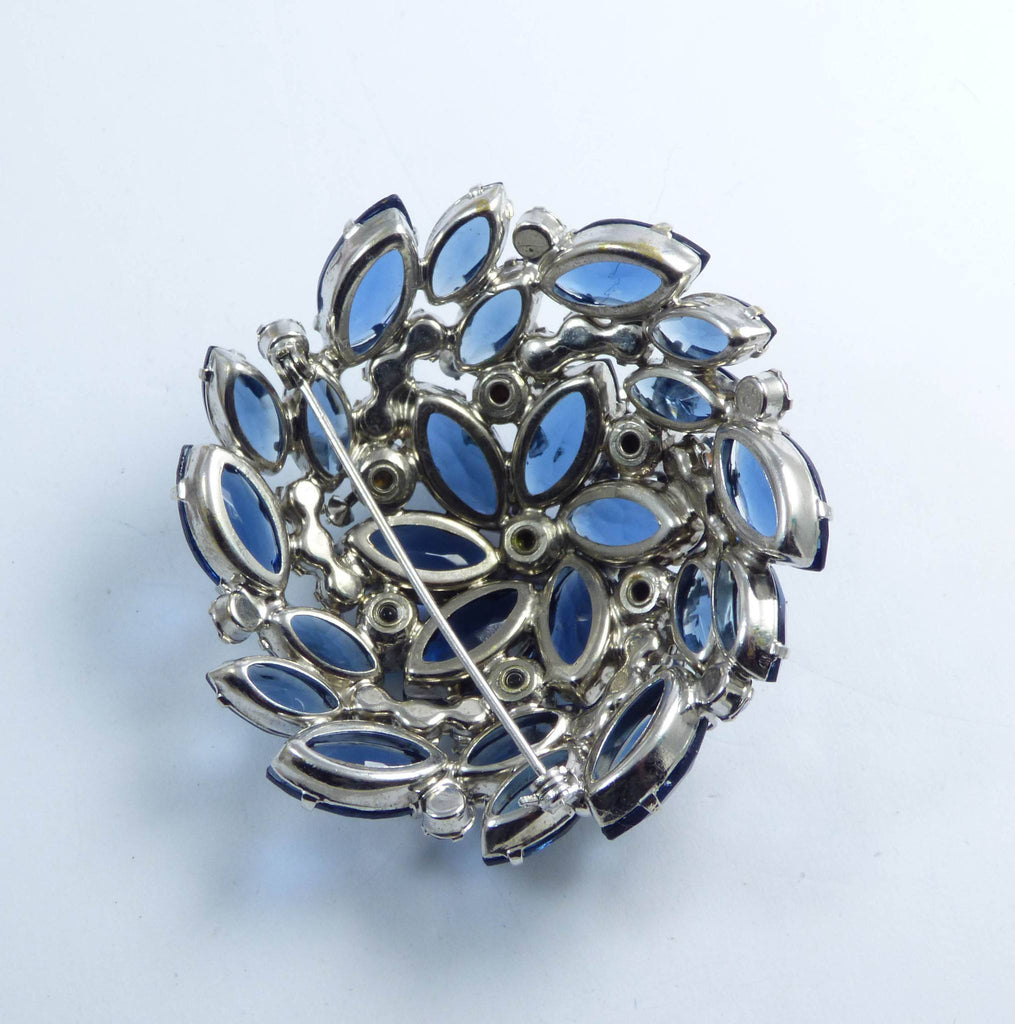 Juliana High Domed Blue and AB Rhinestone Large Rhodium Plated Brooch - Vintage Lane Jewelry