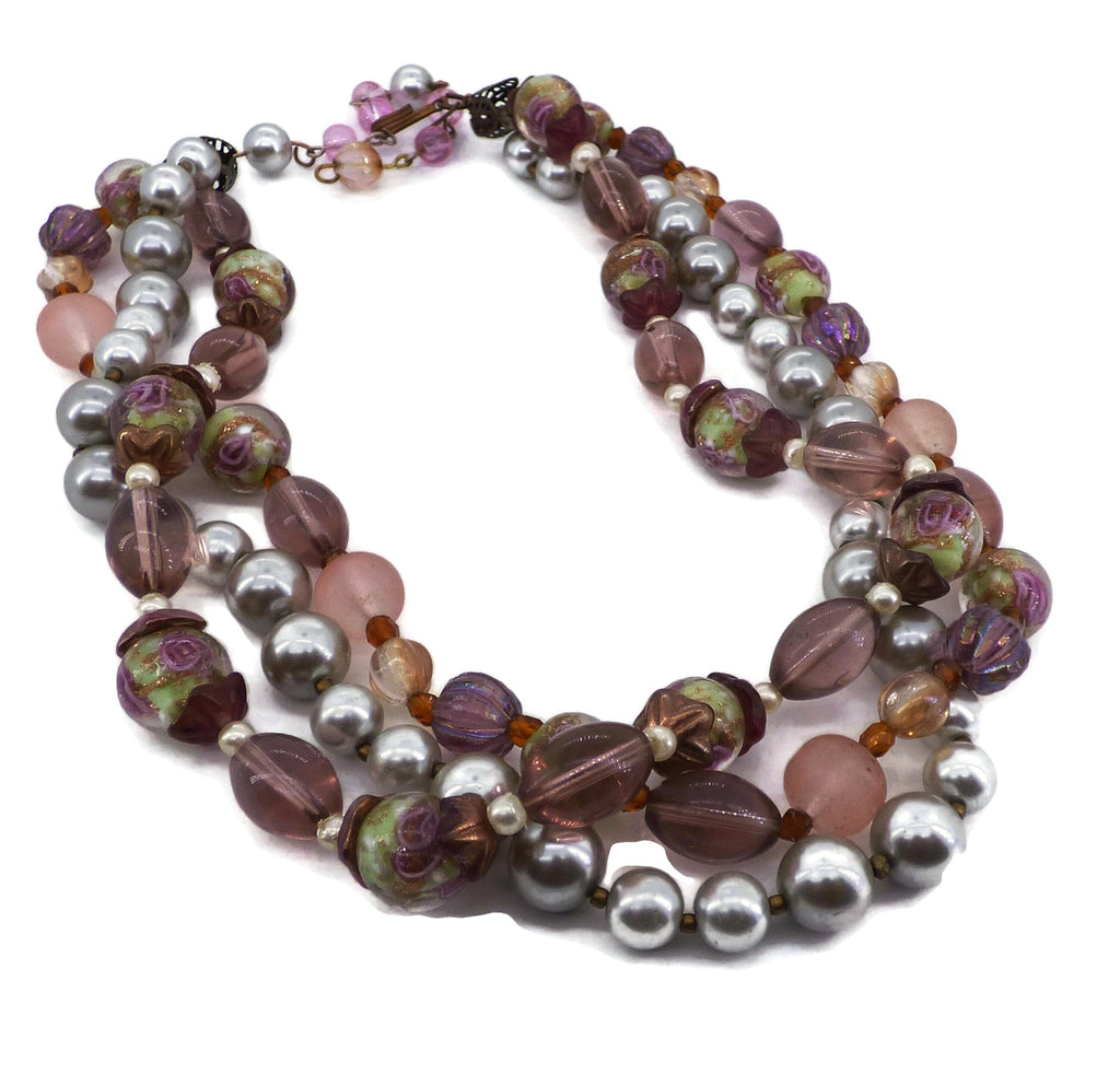 Miriam Haskell 3 Strand Art Glass and Glass Pearl Necklace
