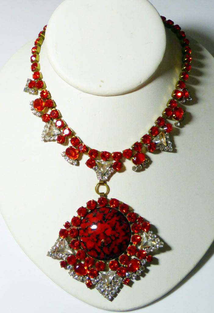 Husar D Czech Glass Red and Clear Rhinestone Pendant Necklace
