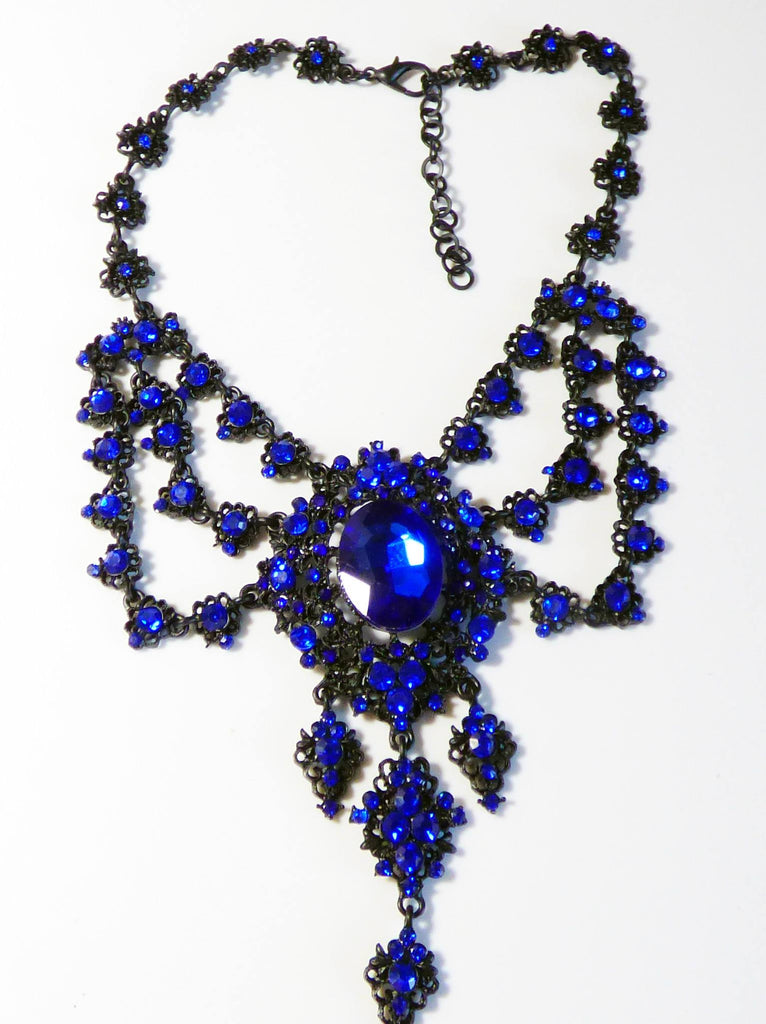 Cobalt Blue Rhinestone Black Gun Metal Statement Lavalier Necklace - Vintage Lane Jewelry