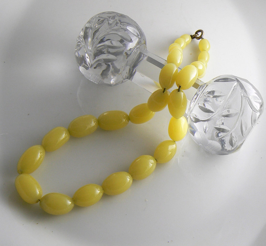 Vaseline Uranium Czech Glass Olive Shaped Bead Necklace - Vintage Lane Jewelry