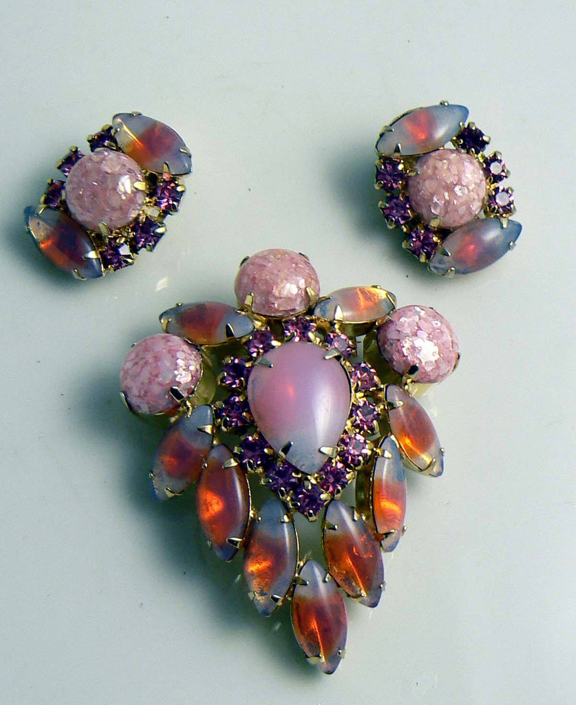 Vintage Juliana Art Glass Rhinestone Brooch & Clip Earrings