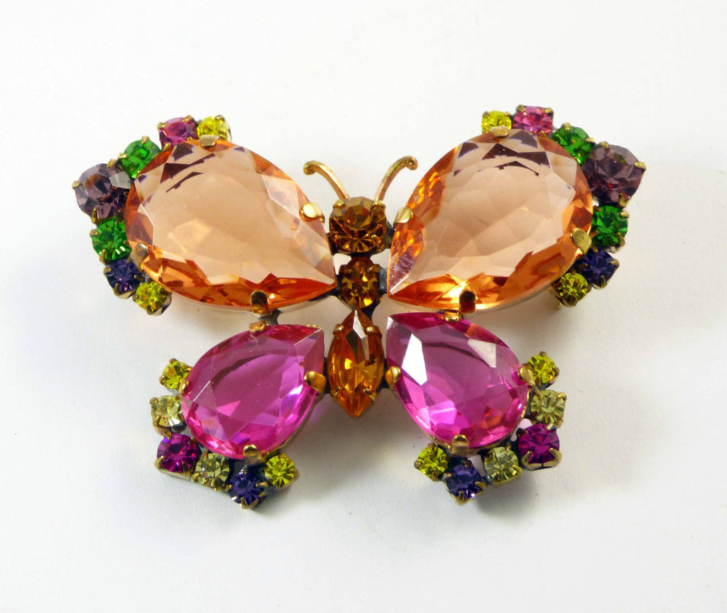 Butterfly Brooch Peach and Pink Glass, Figural Pin, Insect Pin, Czech Glass