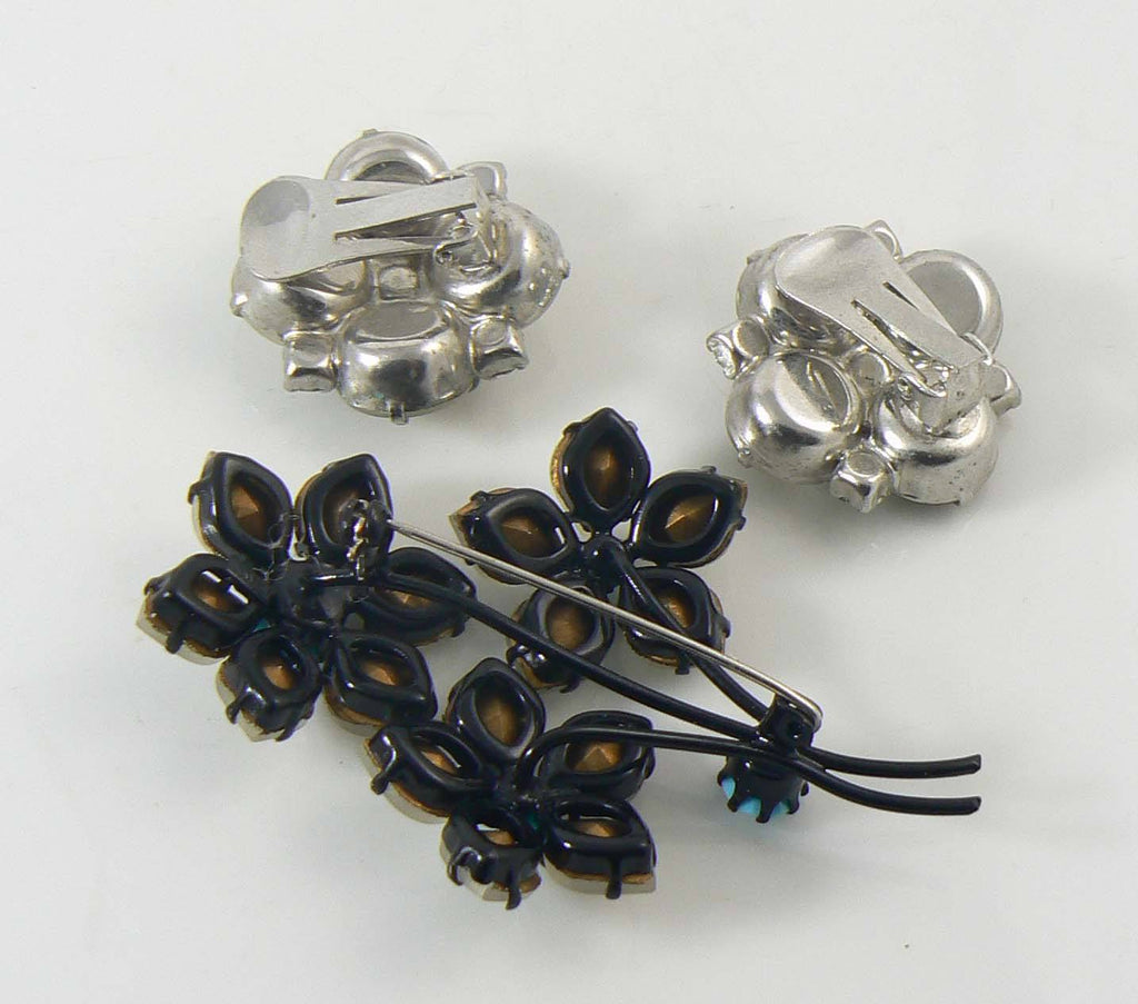 Austria Signed White Frosted Glass and Turquoise stone Japanned Flower Brooch, Earrings - Vintage Lane Jewelry