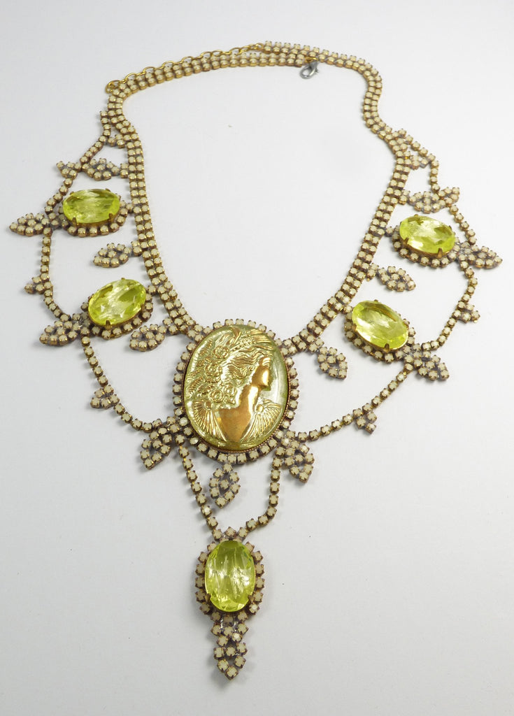Cameo Czech Husar D Vaseline Uranium Glass Statement Necklace - Vintage Lane Jewelry