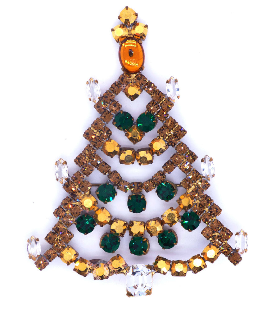 Bijoux MG Gold Christmas Tree Pin, Rhinestone Brooch,
