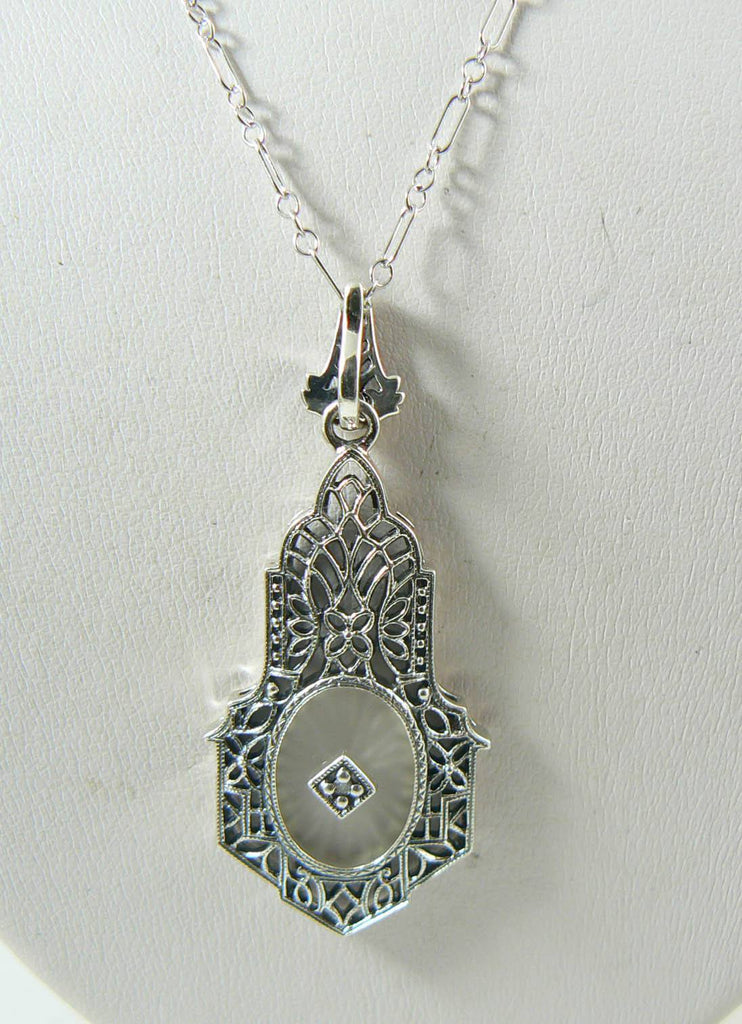 Victorian Camphor Glass Onyx and Diamond Sterling Silver Necklace