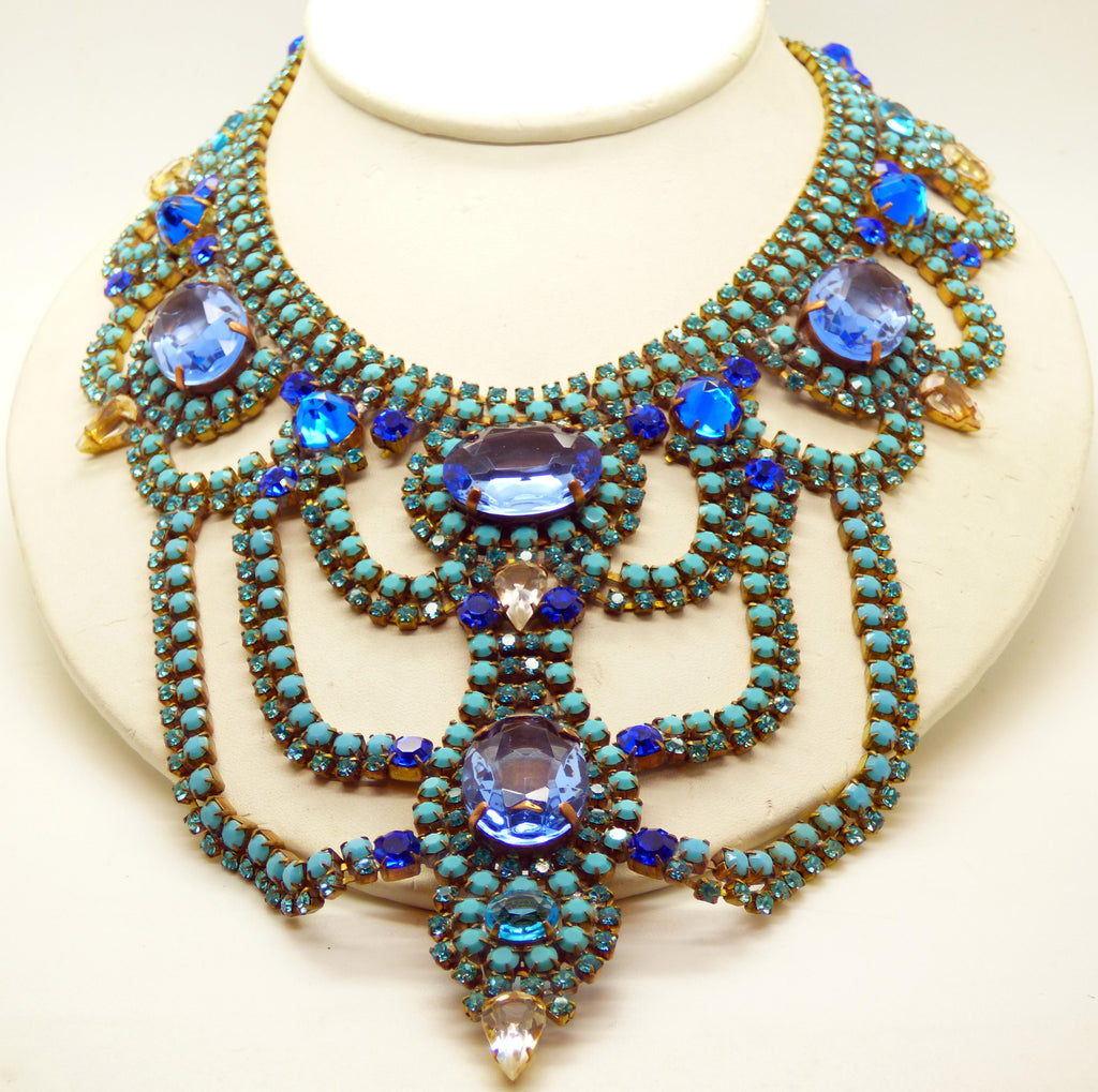 Blue Czech Glass Statement Necklace and matching Clip Earrings