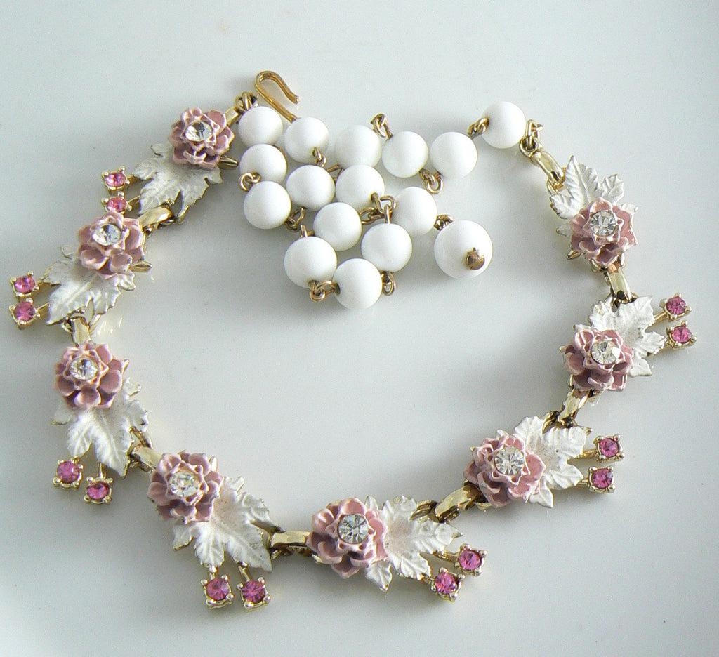 Vintage Pink And White Enamel Rhinestone Glass Bead Necklace