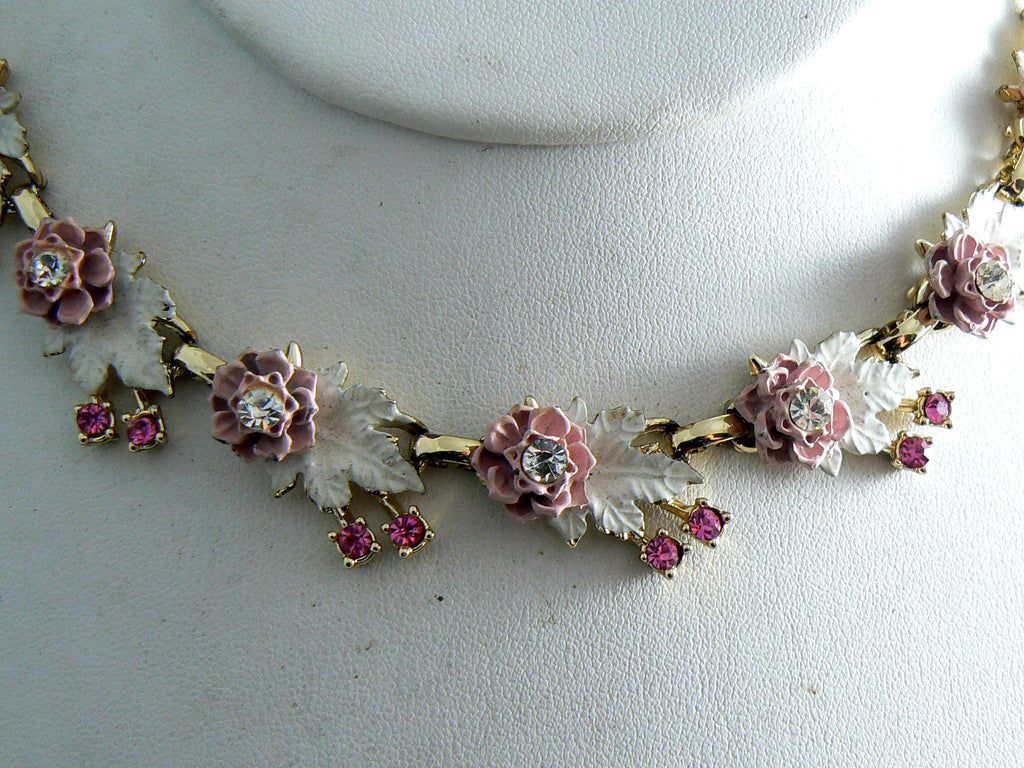Vintage Pink And White Enamel Rhinestone Glass Bead Necklace - Vintage Lane Jewelry
