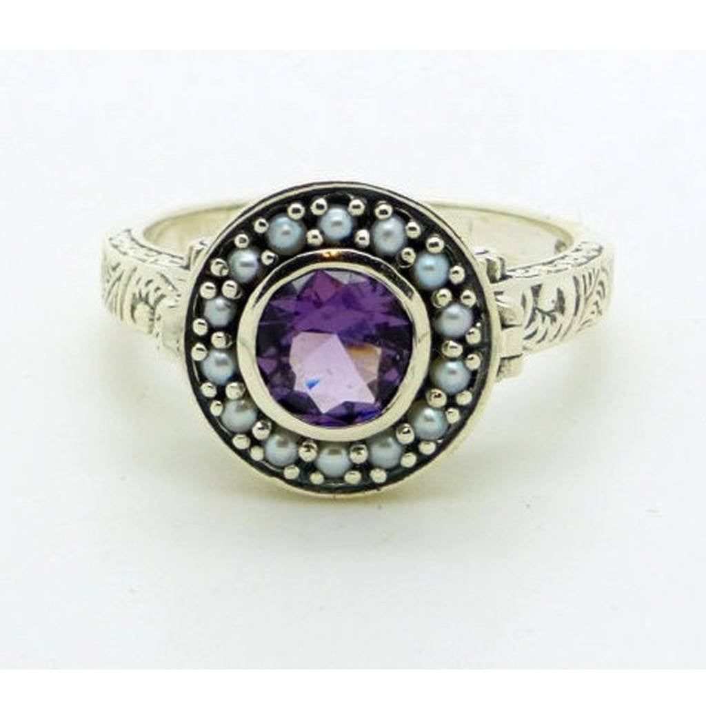 Amethyst and Pearl Sterling Silver Art Deco Poison Ring, Size 8