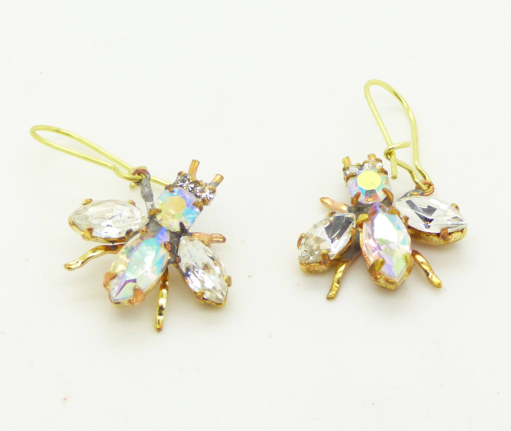 Czech Glass Rhinestone Fly Earrings, AB Rhinestones