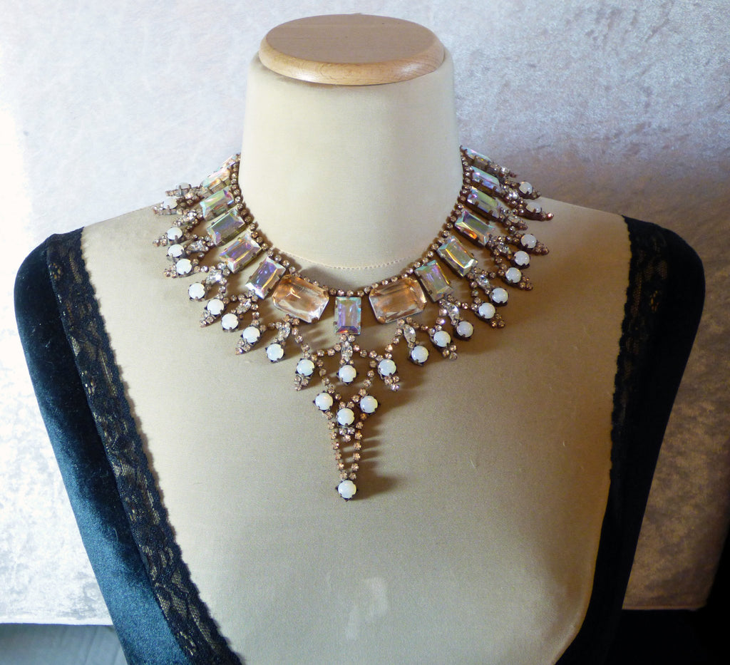 Czech Glass Peach AB Rhinestone Statement Necklace - Vintage Lane Jewelry