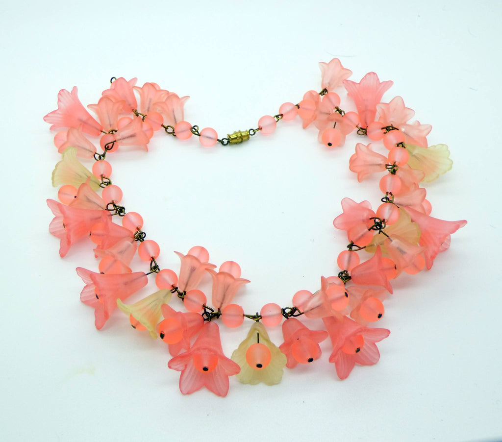 Lucite Flowers and Glass Bead Necklace, Peach and Bright Salmon Colors