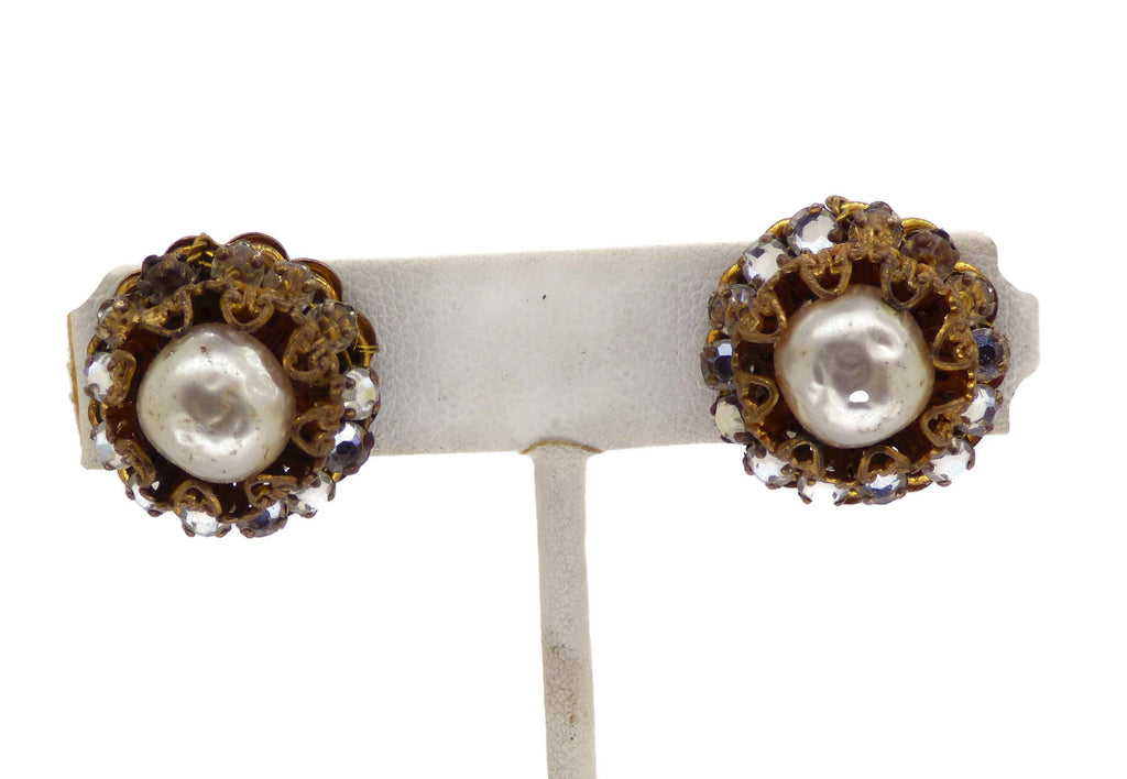 Miriam Haskell Glass Pearl and Rhinestone Clip Earrings