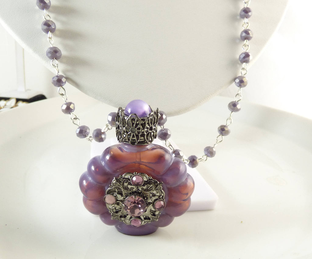 Vintage Czech Glass Perfume Bottle Necklace, Opalescent Lavender, Purple Rhinestones - Vintage Lane Jewelry