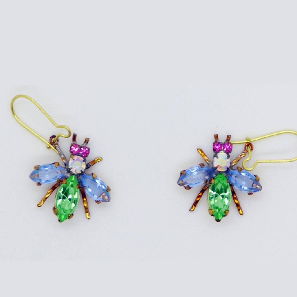 Czech Glass Rhinestone Fly Earrings, Green and Lavender