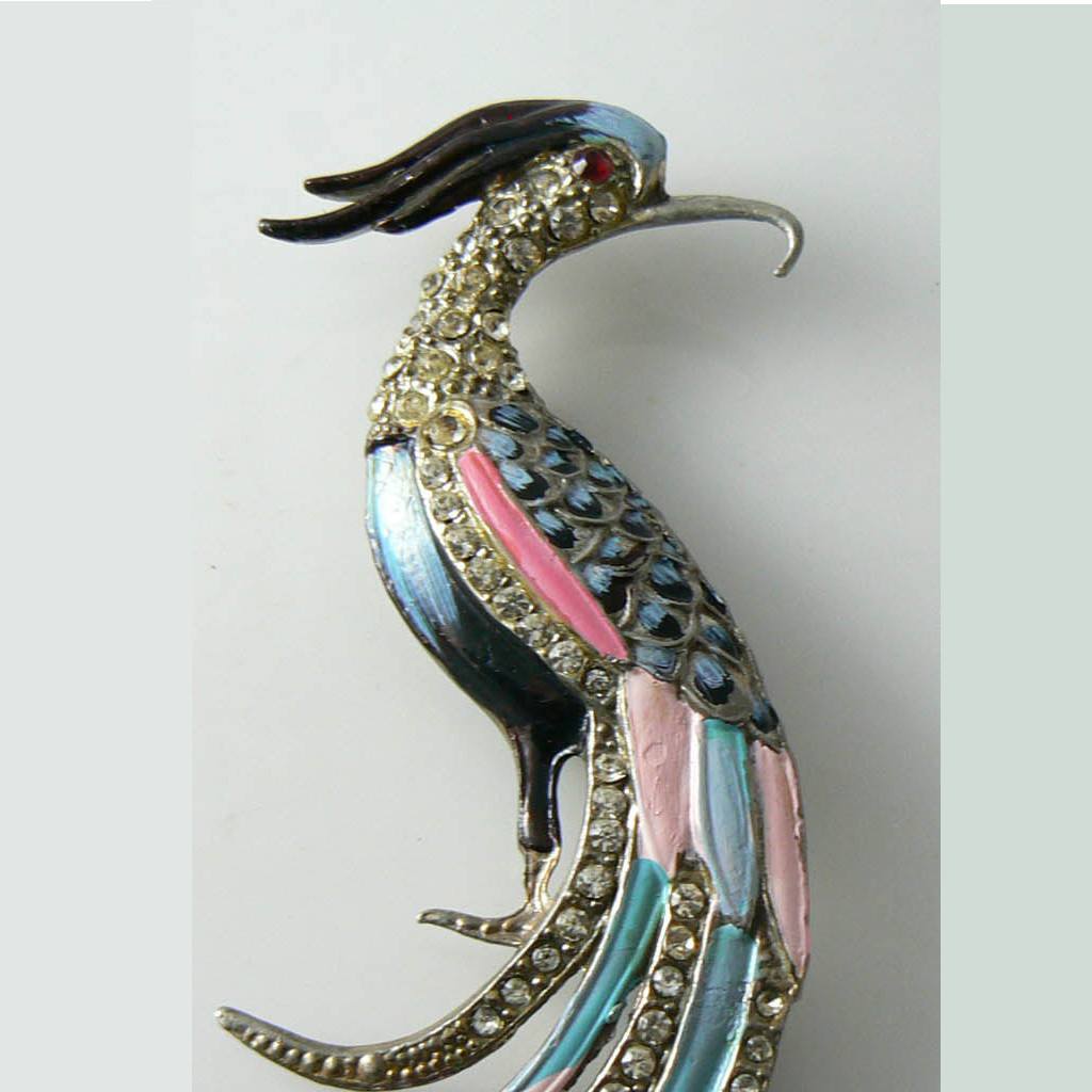 Art Deco Bird Of Paradise Enamel, Rhinestone, Pot Metal Brooch