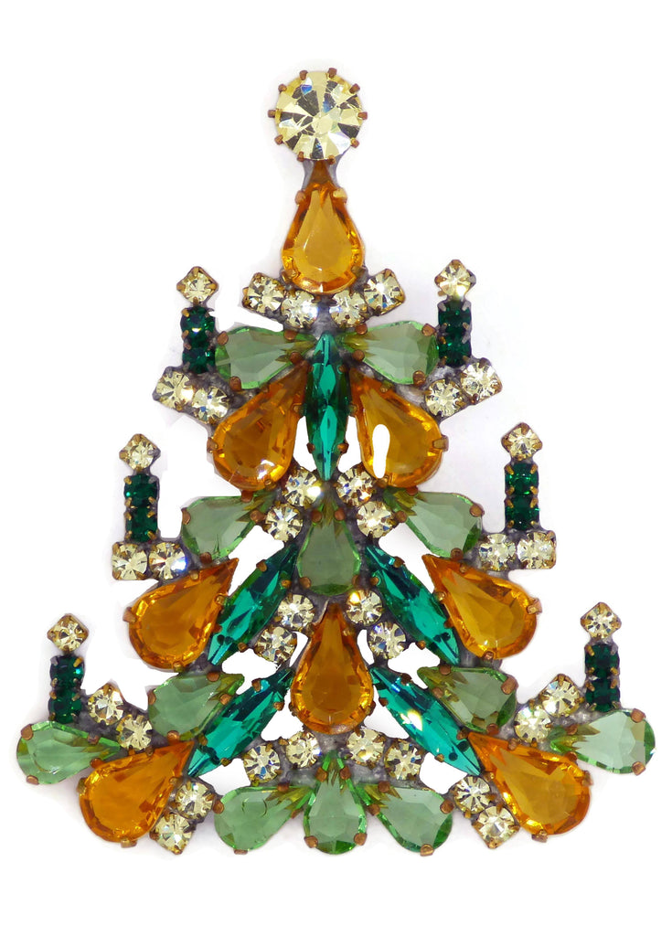 Czech Glass Green and Topaz Rhinestone Christmas Tree Brooch