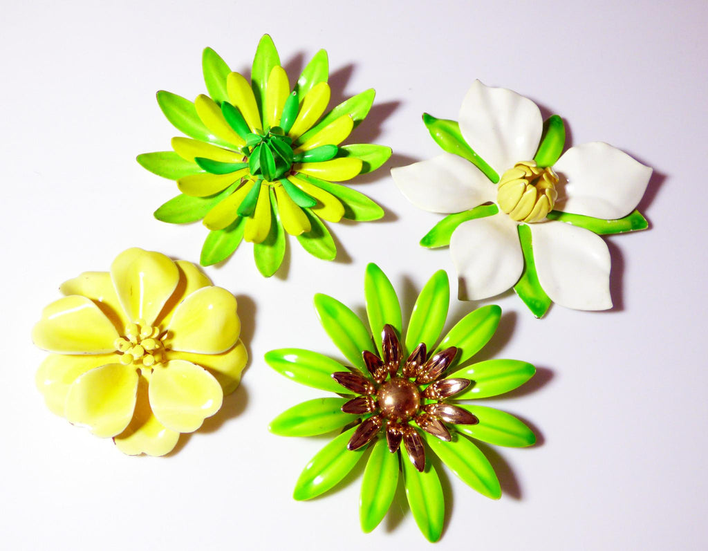 Sarah Coventry Enamel Flower Pins, Green and Yellow