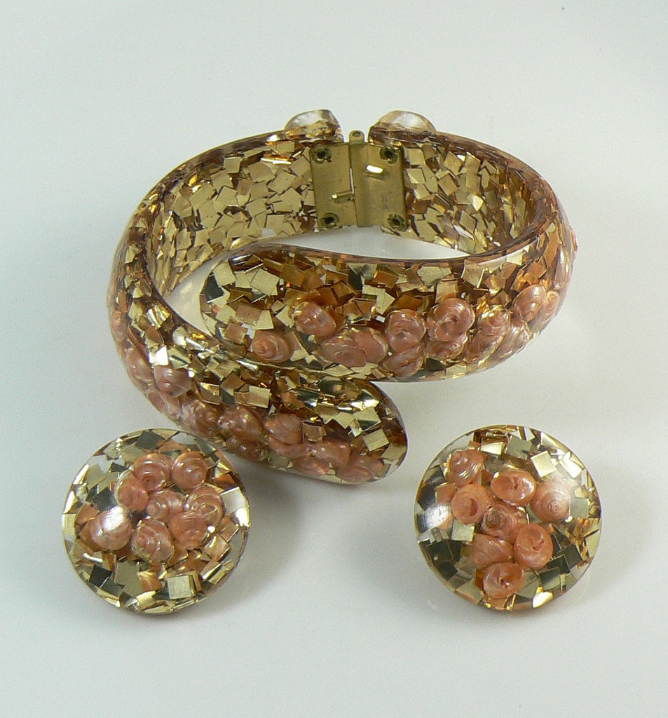 Gold Confetti and Sea Shell Lucite Clamper and Earring Set