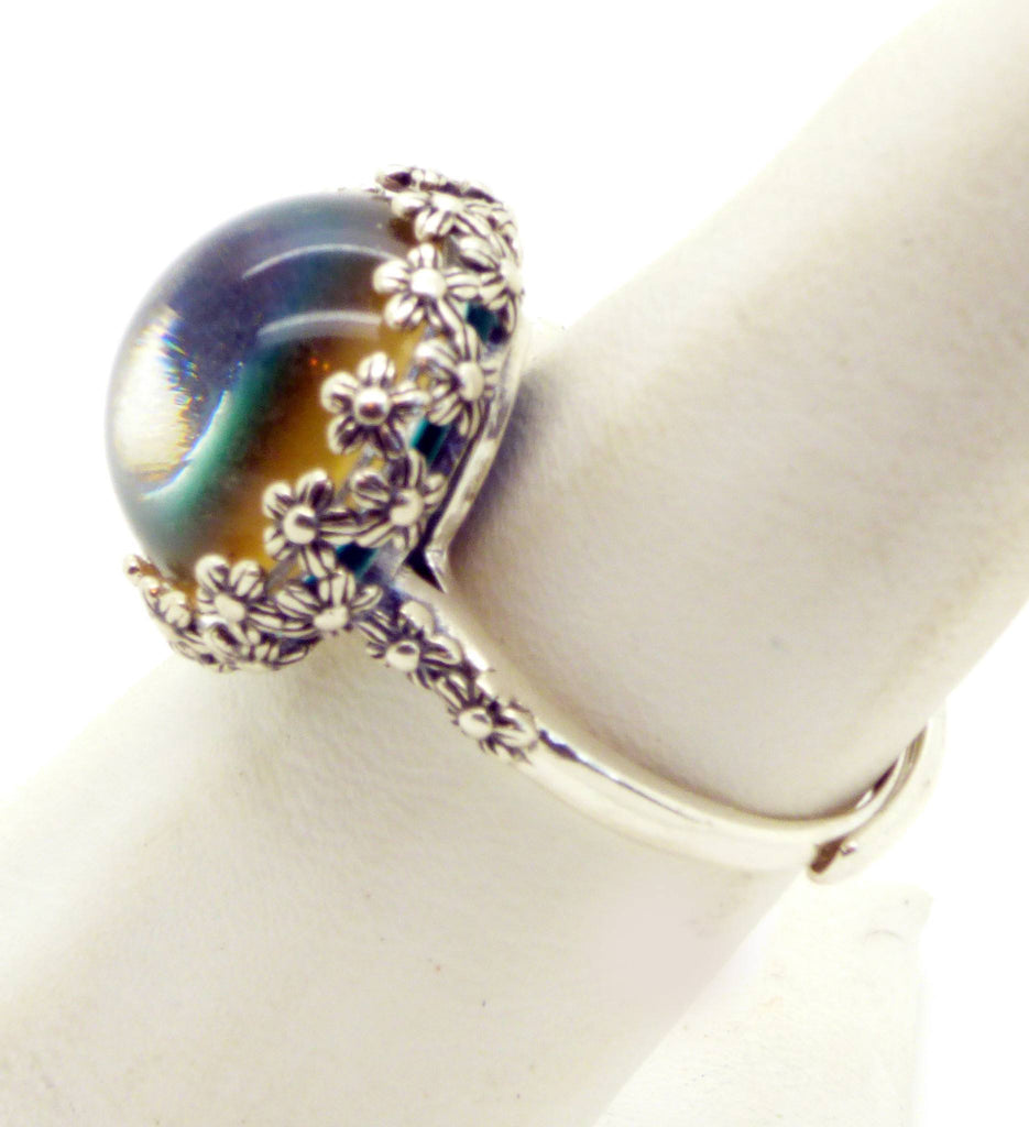 Round Mood Ring Sterling Silver Floral Filigree Setting, Adjustable. - Vintage Lane Jewelry