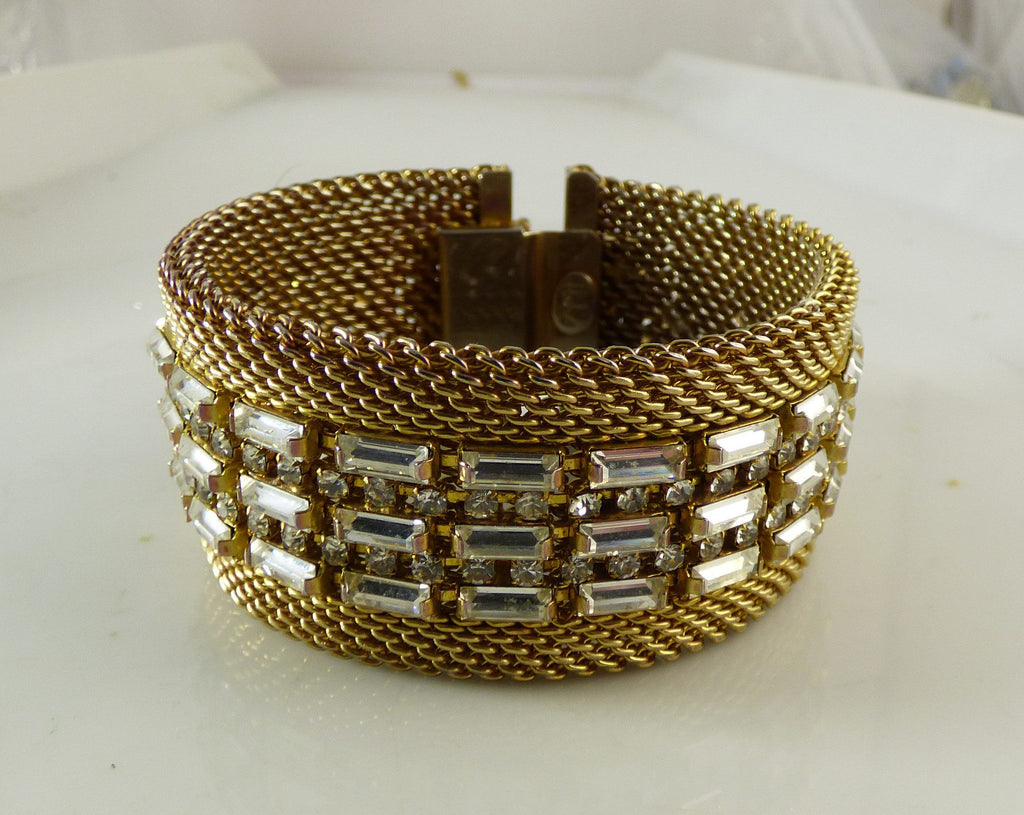 Vintage Hobe Rhinestone Gold Mesh Bracelet