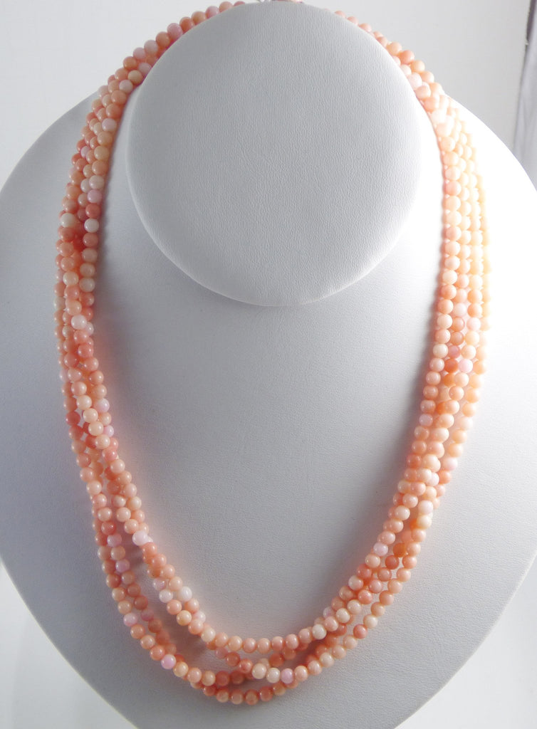 Angel Skin Coral Natural 4 Strand Necklace with Carved Coral Flower Clasp - Vintage Lane Jewelry