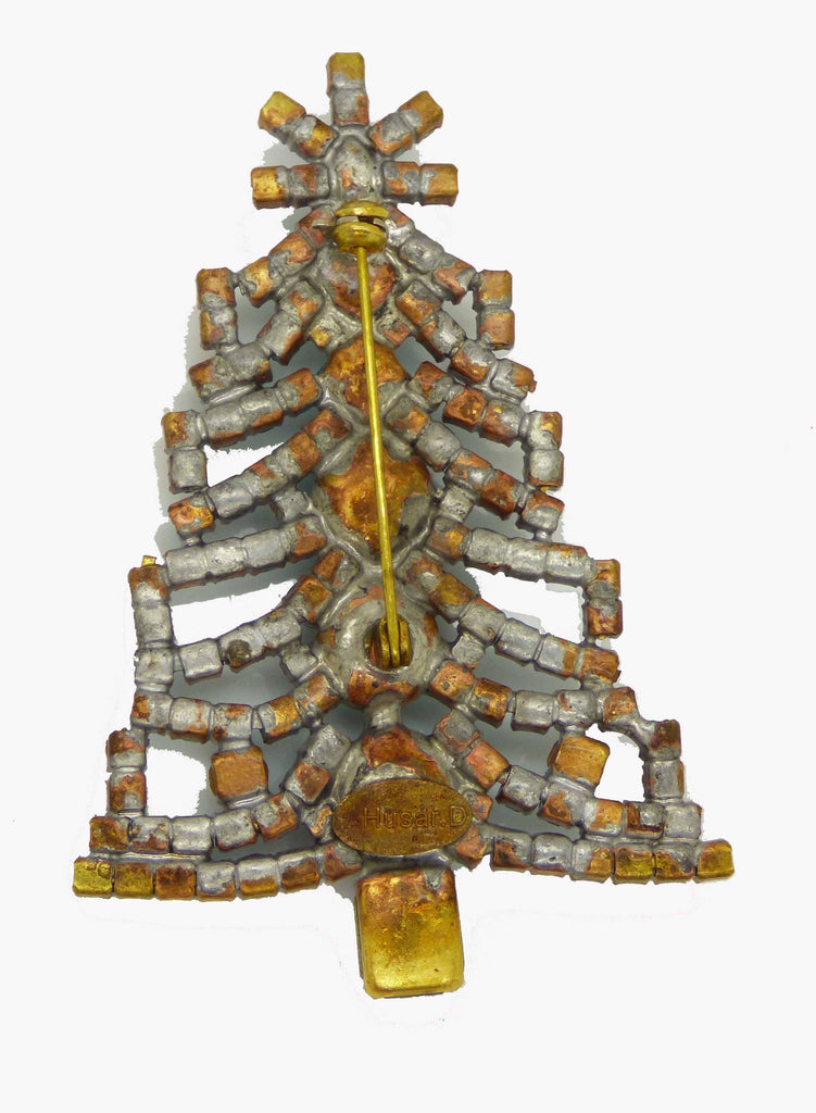 Czech Glass Aqua Blue Rhinestone Husar D. Signed Christmas Tree Pin, X-mas pin, Holiday Brooch - Vintage Lane Jewelry