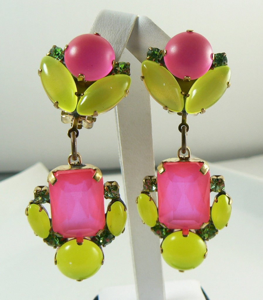 Czech Neon Pink and Yellow Clip Earrings