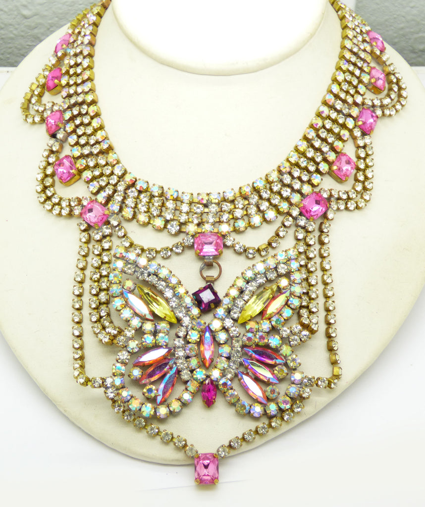 Bijoux MG Pink and AB Rhinestone Butterfly Necklace Earring Set - Vintage Lane Jewelry